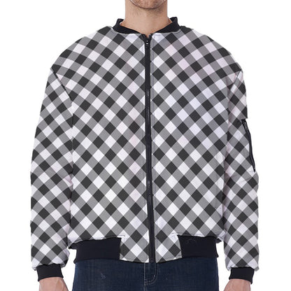 Shadow Grey And White Gingham Print Zip Sleeve Bomber Jacket