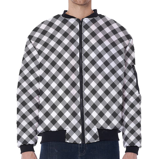 Shadow Grey And White Gingham Print Zip Sleeve Bomber Jacket