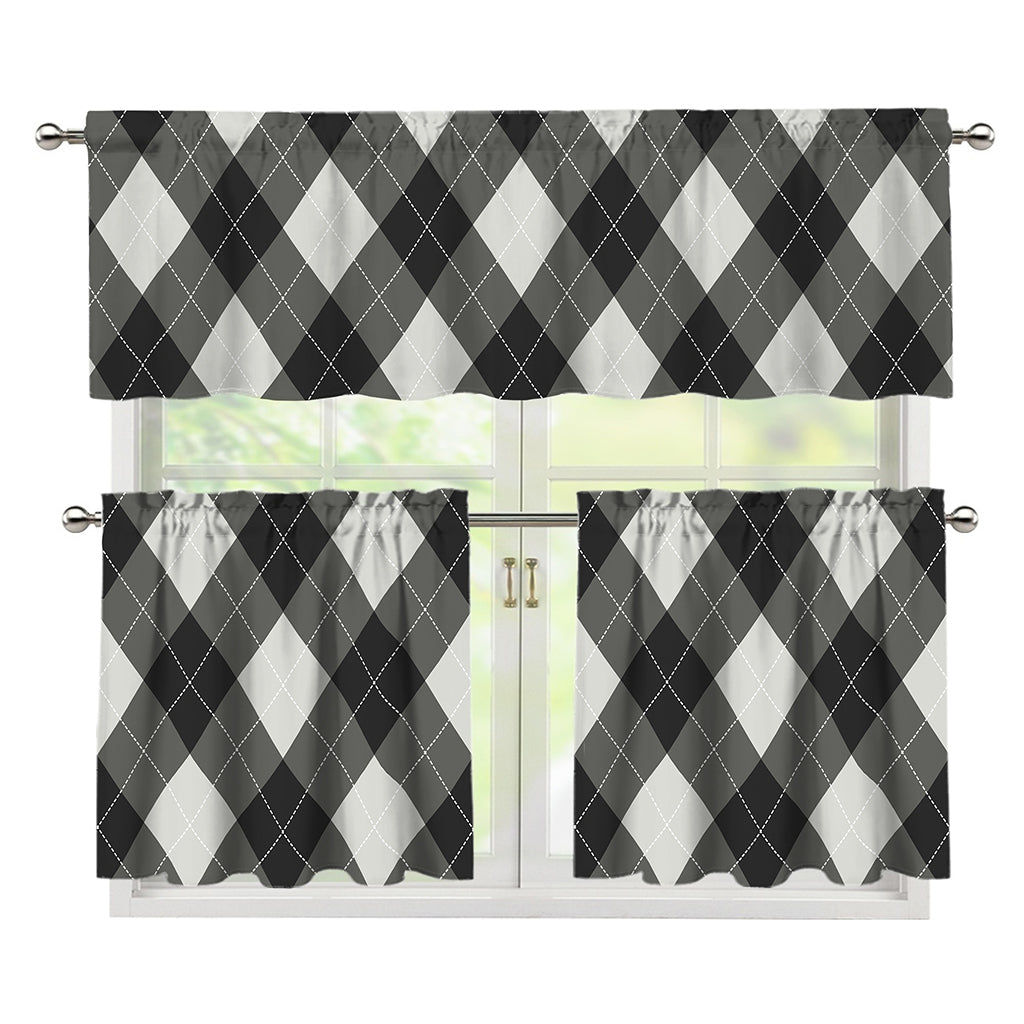 Shadow Grey Argyle Pattern Print 3 Piece Kitchen Curtains