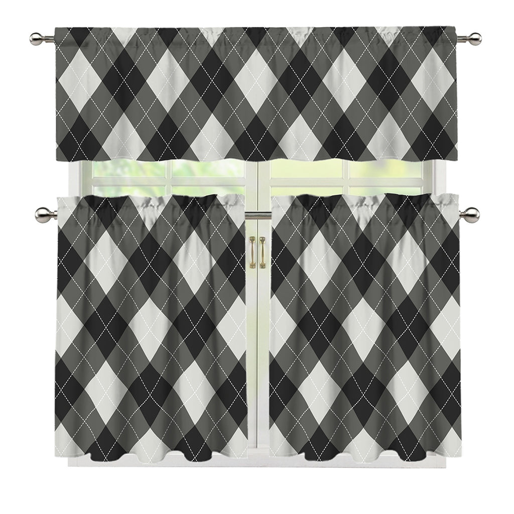 Shadow Grey Argyle Pattern Print 3 Piece Kitchen Curtains