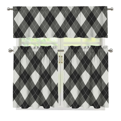Shadow Grey Argyle Pattern Print 3 Piece Kitchen Curtains