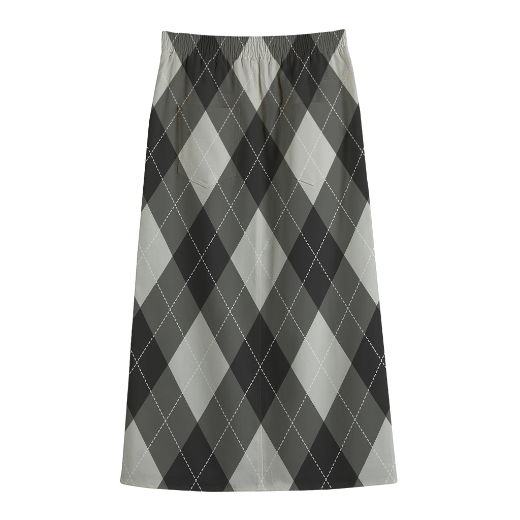 Shadow Grey Argyle Pattern Print Cotton Front Slit Maxi Skirt