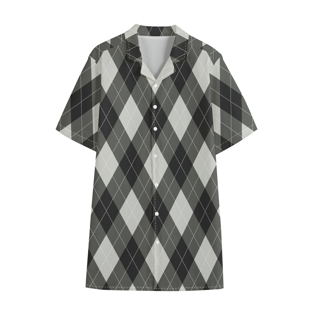Shadow Grey Argyle Pattern Print Cotton Hawaiian Shirt