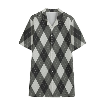Shadow Grey Argyle Pattern Print Cotton Hawaiian Shirt