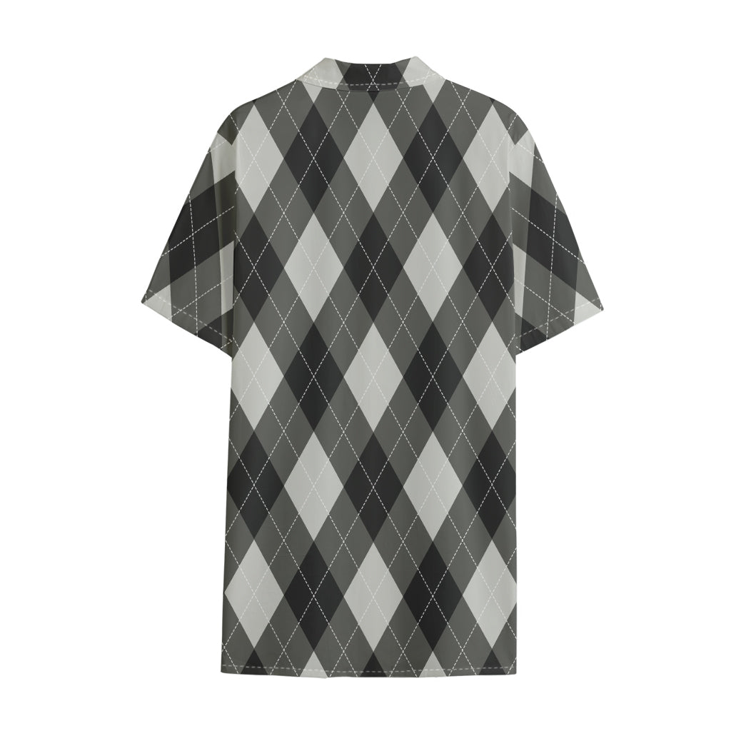 Shadow Grey Argyle Pattern Print Cotton Hawaiian Shirt