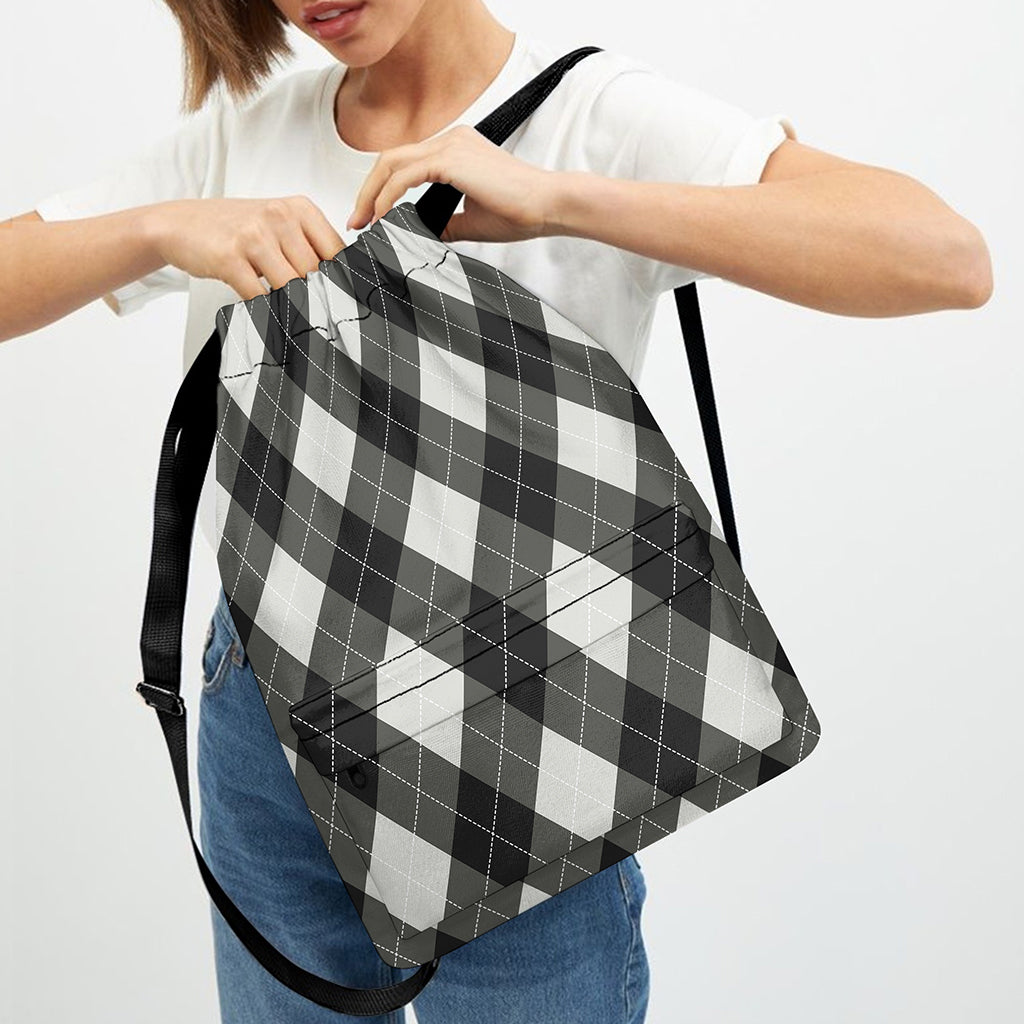 Shadow Grey Argyle Pattern Print Drawstring Backpack