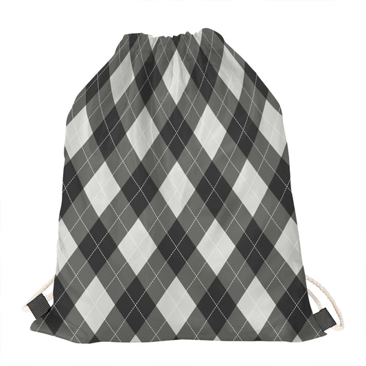 Shadow Grey Argyle Pattern Print Drawstring Bag