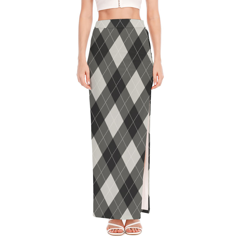Shadow Grey Argyle Pattern Print High Slit Maxi Skirt