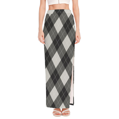 Shadow Grey Argyle Pattern Print High Slit Maxi Skirt