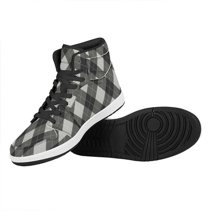Shadow Grey Argyle Pattern Print High Top Leather Sneakers