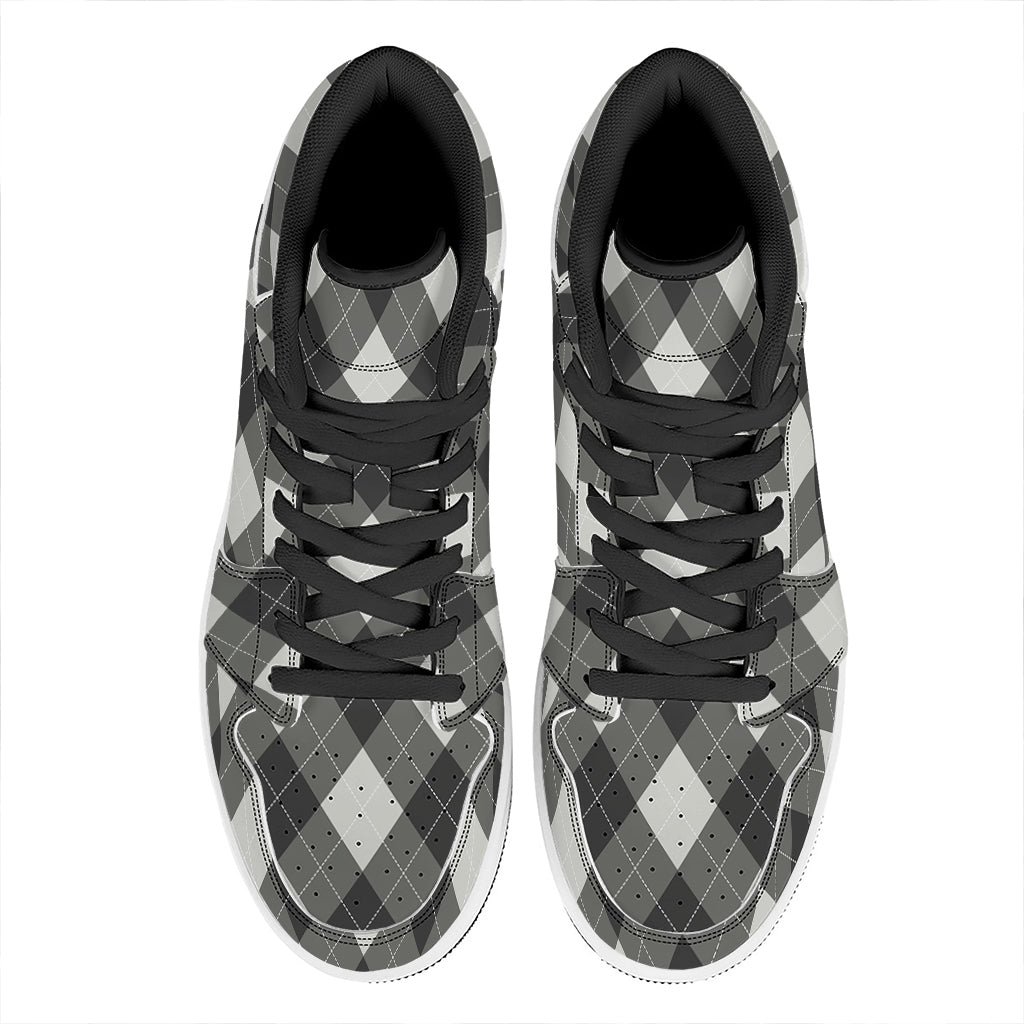 Shadow Grey Argyle Pattern Print High Top Leather Sneakers