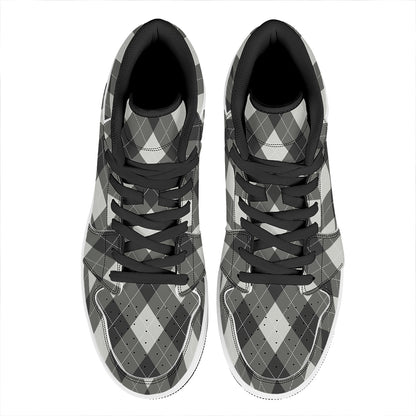 Shadow Grey Argyle Pattern Print High Top Leather Sneakers