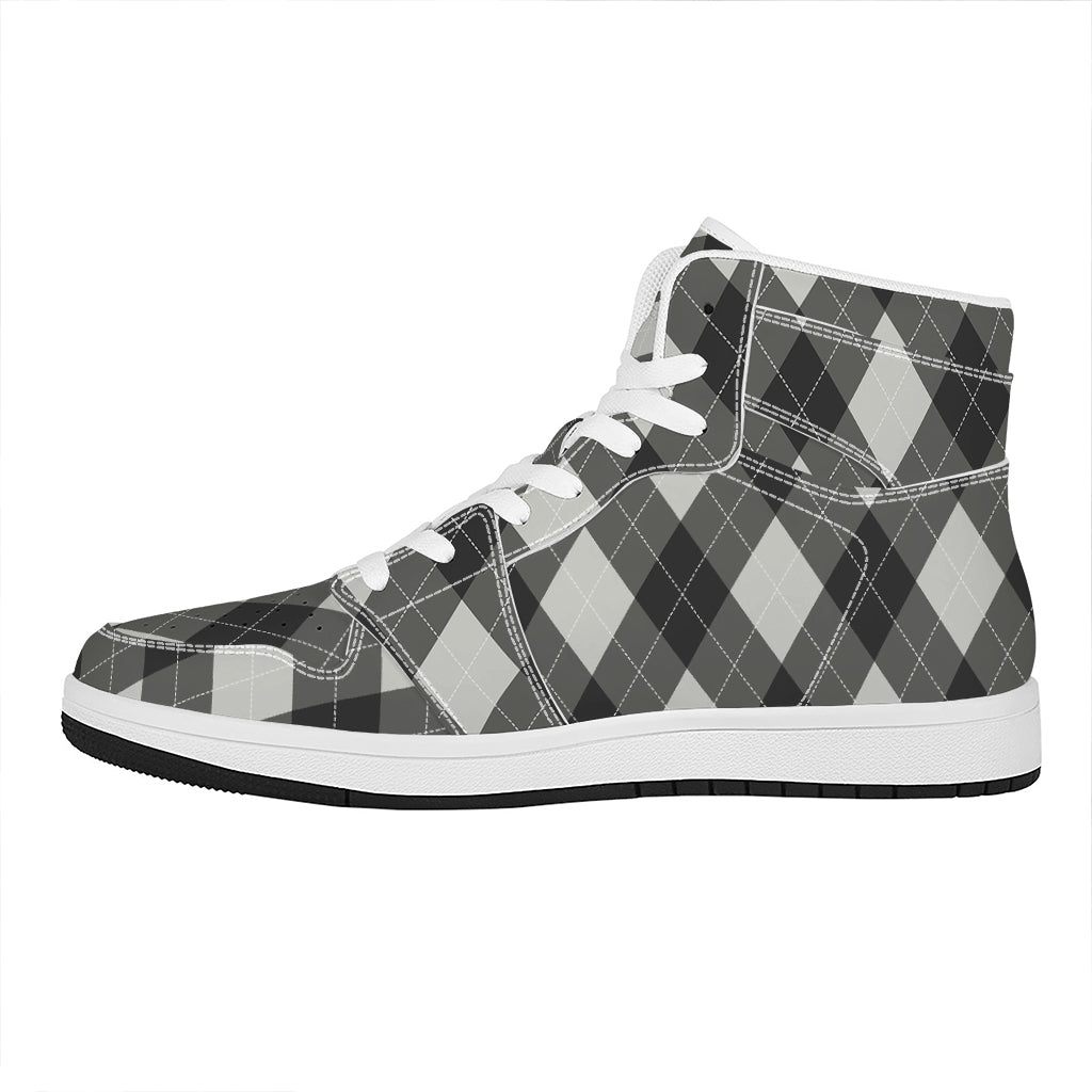Shadow Grey Argyle Pattern Print High Top Leather Sneakers