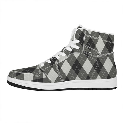 Shadow Grey Argyle Pattern Print High Top Leather Sneakers