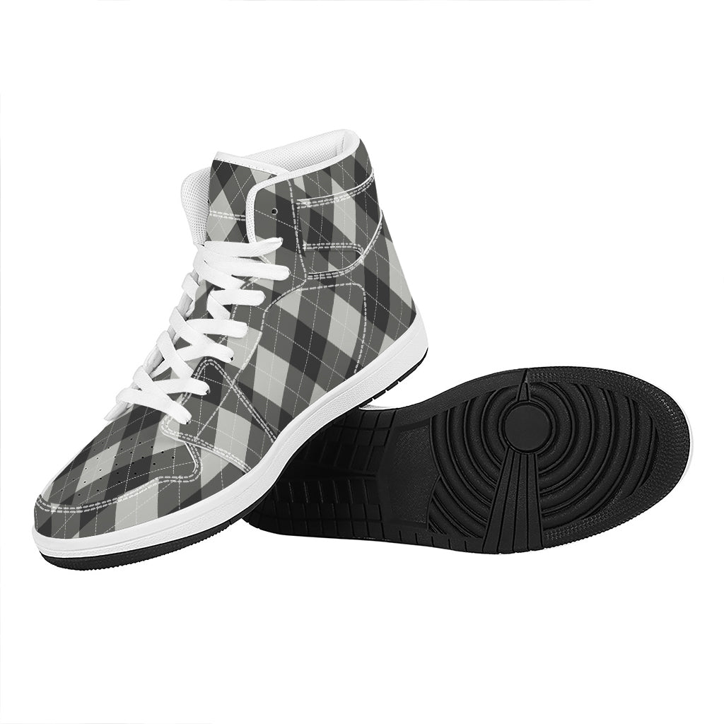 Shadow Grey Argyle Pattern Print High Top Leather Sneakers