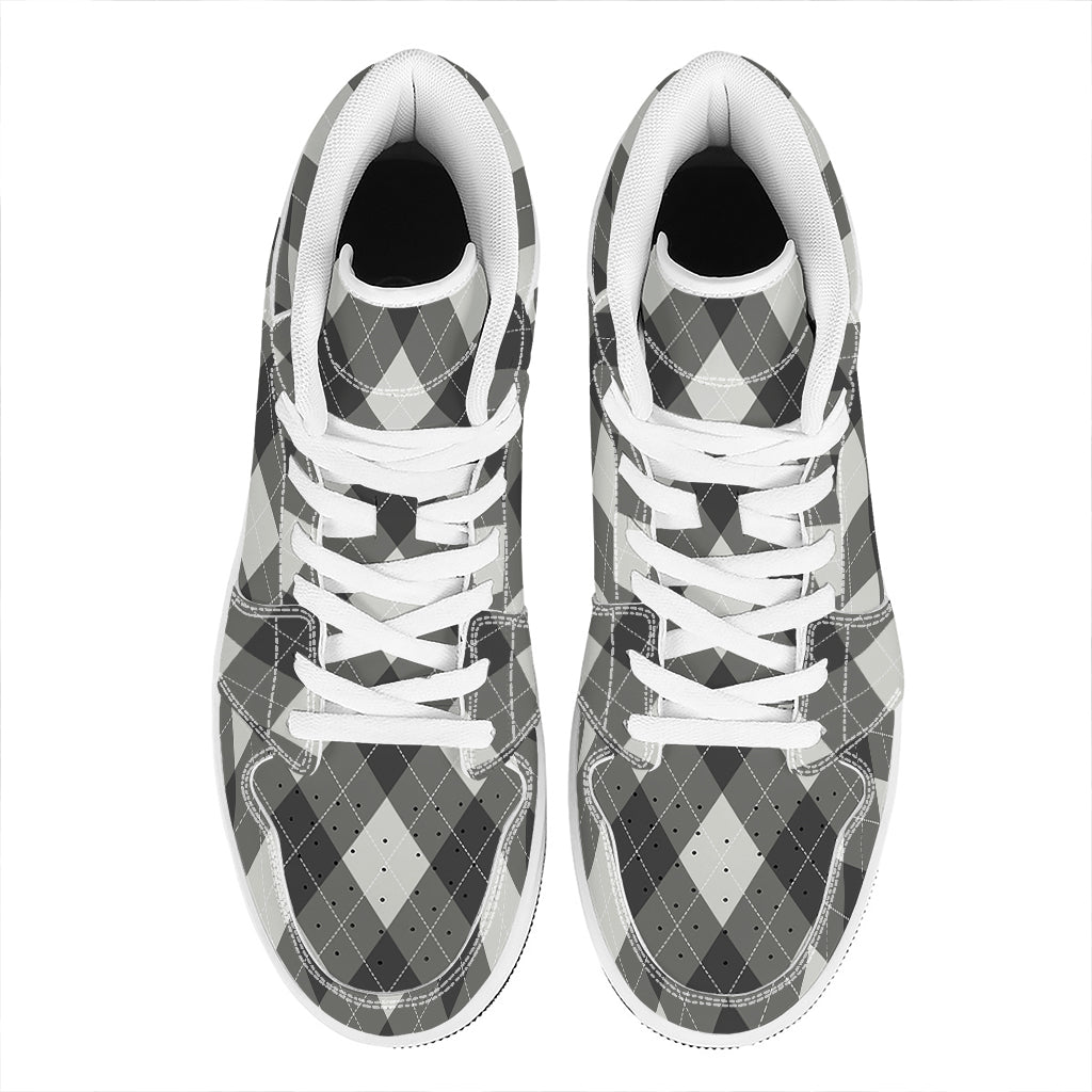 Shadow Grey Argyle Pattern Print High Top Leather Sneakers