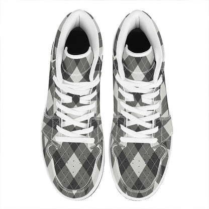 Shadow Grey Argyle Pattern Print High Top Leather Sneakers