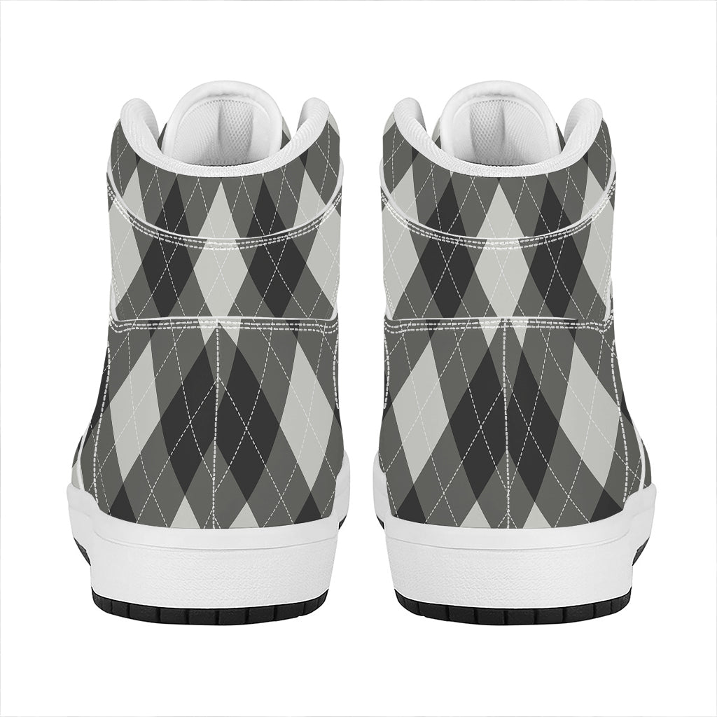 Shadow Grey Argyle Pattern Print High Top Leather Sneakers