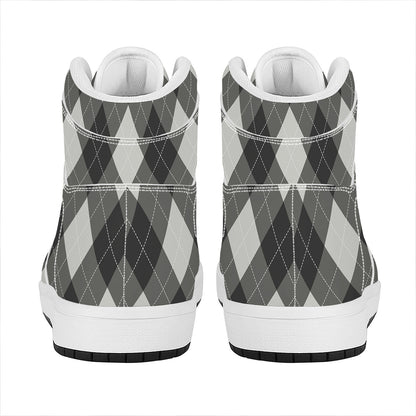 Shadow Grey Argyle Pattern Print High Top Leather Sneakers