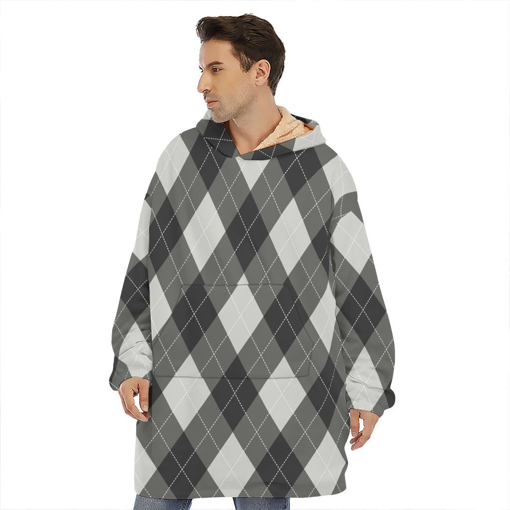 Shadow Grey Argyle Pattern Print Hoodie Blanket