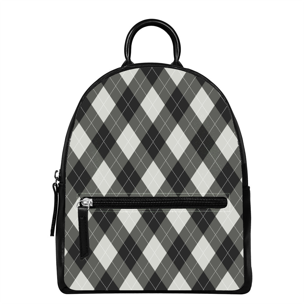 Shadow Grey Argyle Pattern Print Leather Backpack