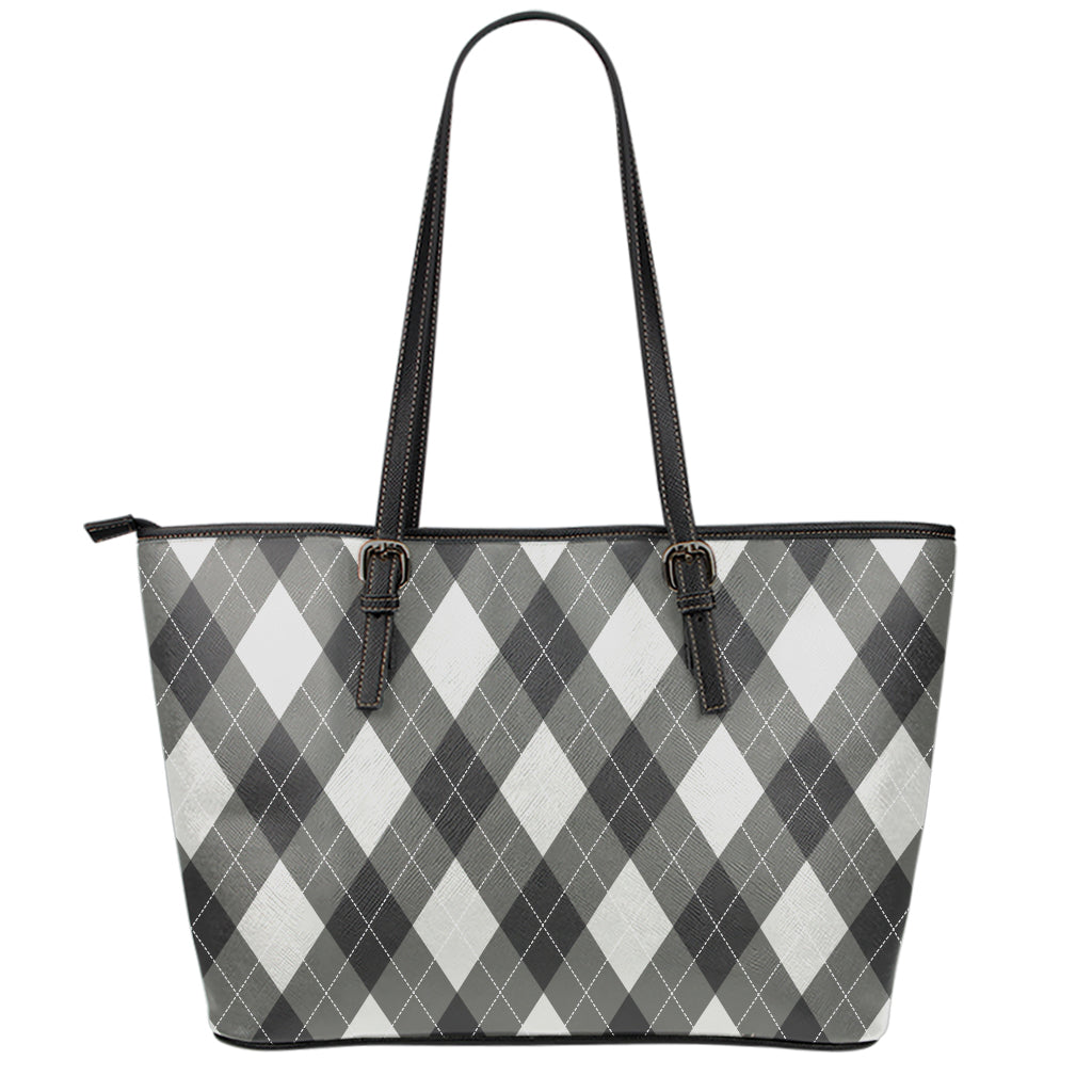 Shadow Grey Argyle Pattern Print Leather Tote Bag