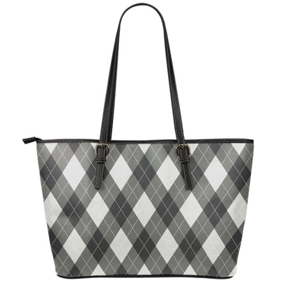 Shadow Grey Argyle Pattern Print Leather Tote Bag