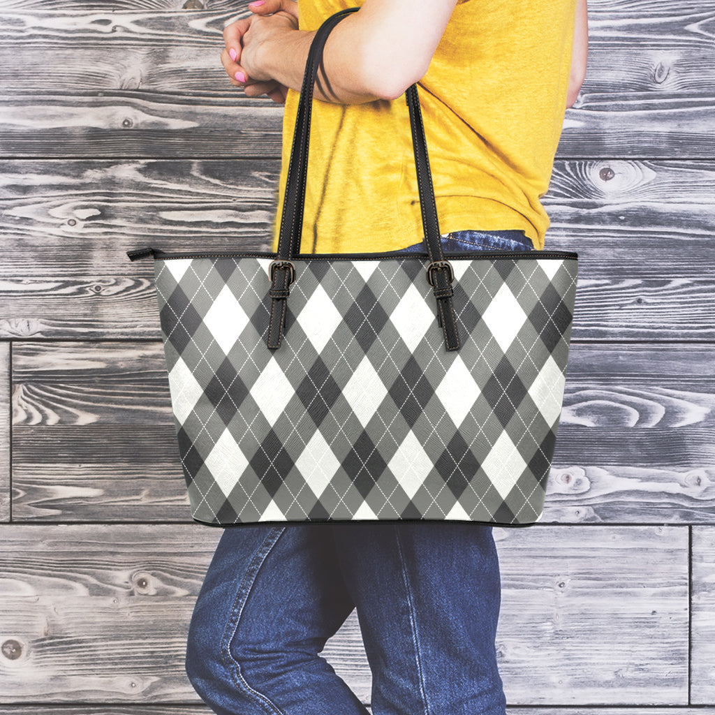 Shadow Grey Argyle Pattern Print Leather Tote Bag