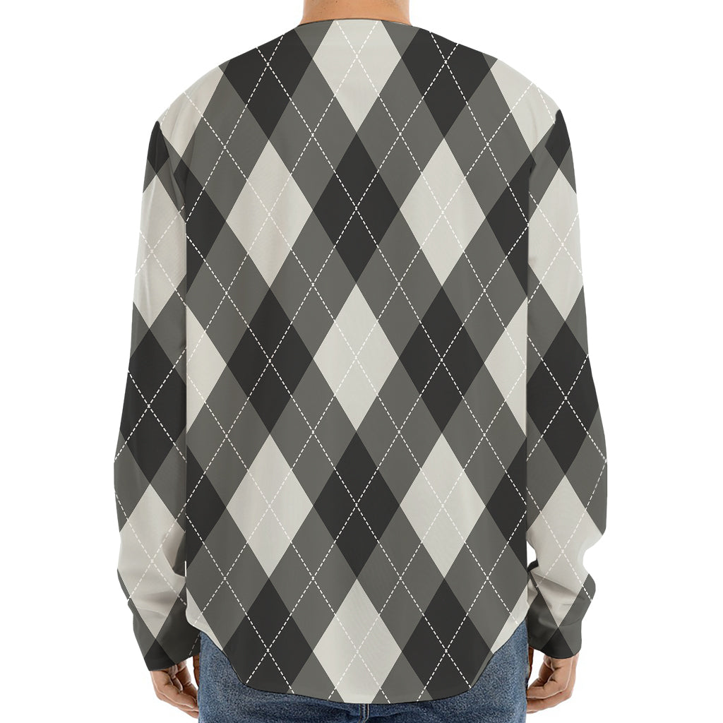 Shadow Grey Argyle Pattern Print Long Sleeve Baseball Jersey