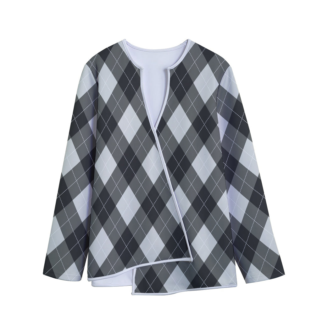 Shadow Grey Argyle Pattern Print Long Sleeve Short Coat