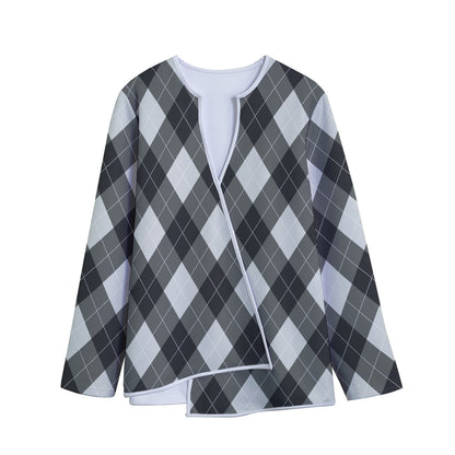 Shadow Grey Argyle Pattern Print Long Sleeve Short Coat