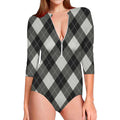 Shadow Grey Argyle Pattern Print Long Sleeve Swimsuit