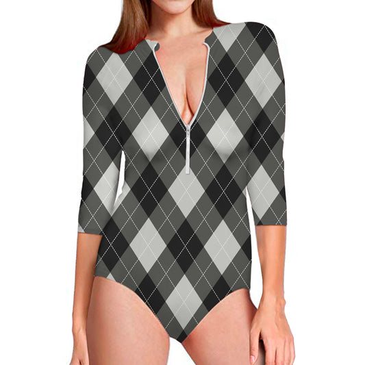 Shadow Grey Argyle Pattern Print Long Sleeve Swimsuit