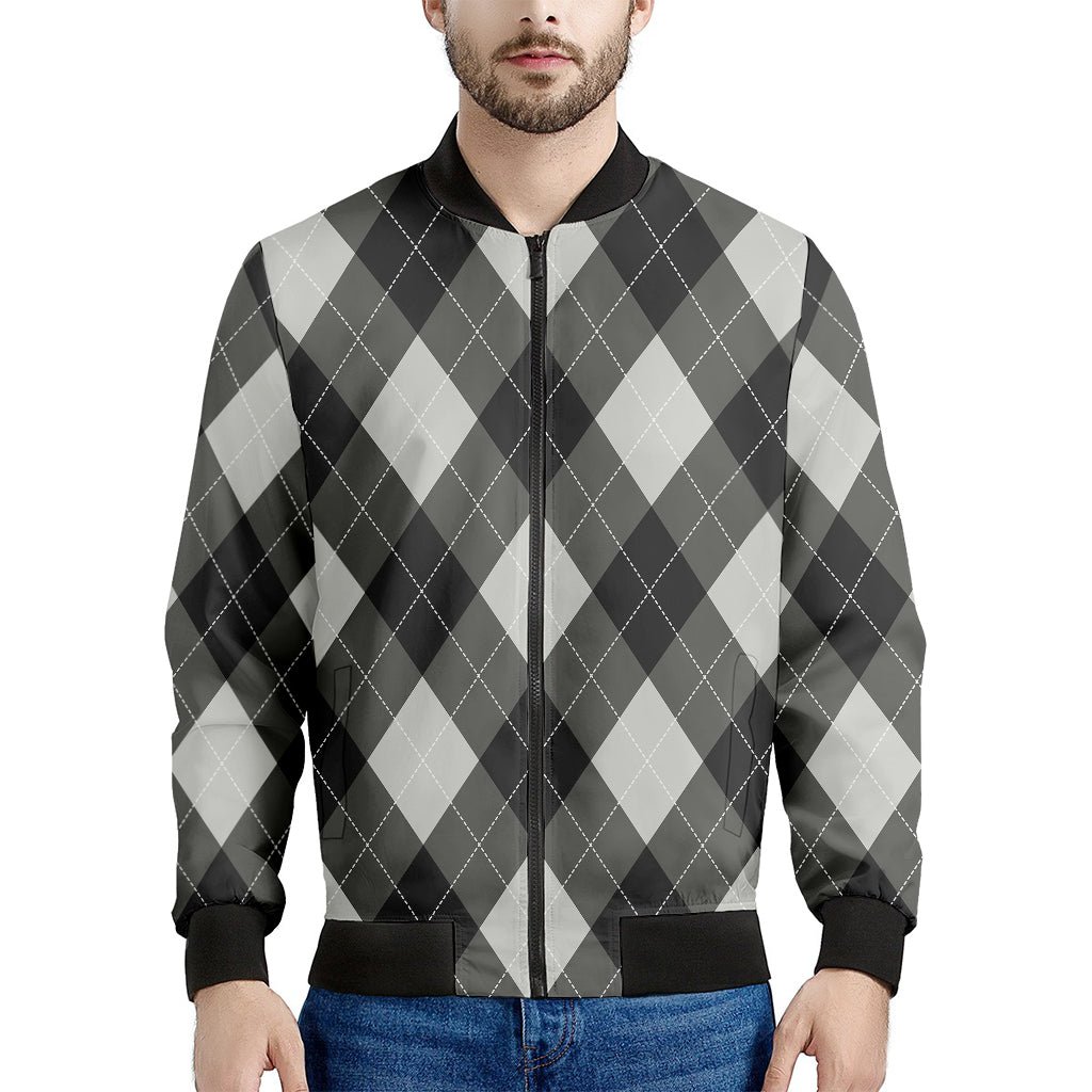 Shadow Grey Argyle Pattern Print Men's Bomber Jacket