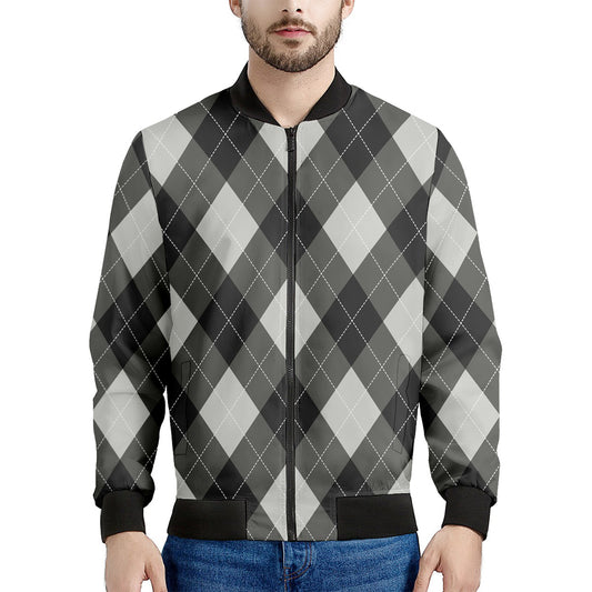 Shadow Grey Argyle Pattern Print Men's Bomber Jacket