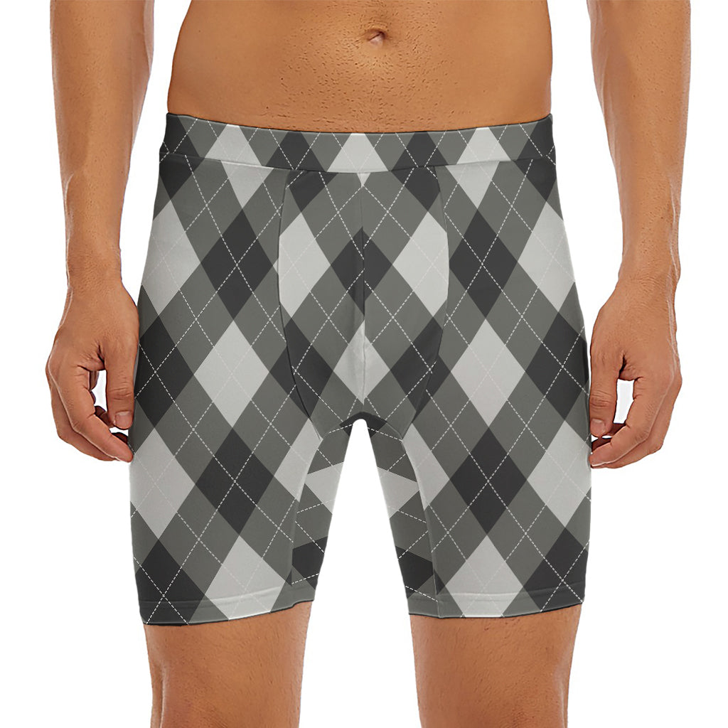 Shadow Grey Argyle Pattern Print Men's Long Boxer Briefs