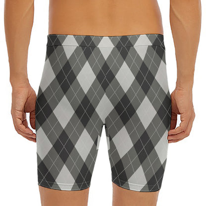 Shadow Grey Argyle Pattern Print Men's Long Boxer Briefs