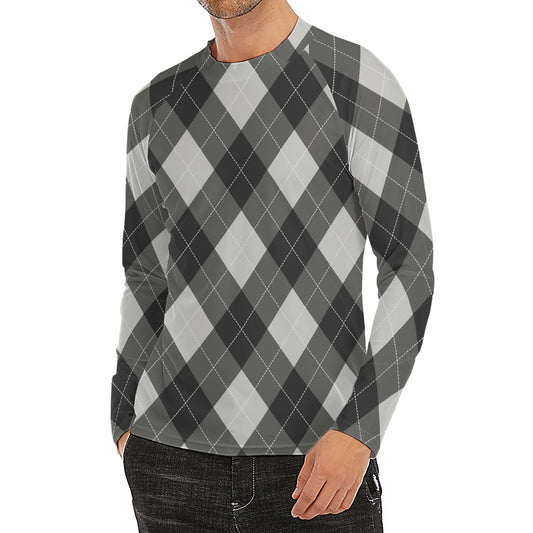 Shadow Grey Argyle Pattern Print Men's Long Sleeve Rash Guard