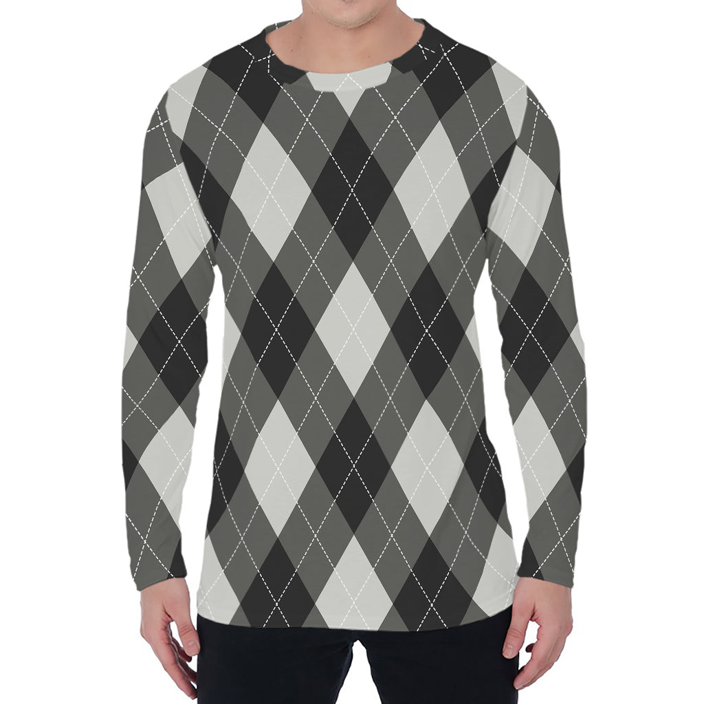 Shadow Grey Argyle Pattern Print Men's Long Sleeve T-Shirt