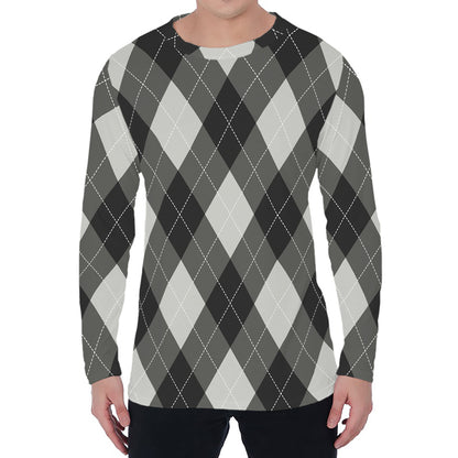 Shadow Grey Argyle Pattern Print Men's Long Sleeve T-Shirt