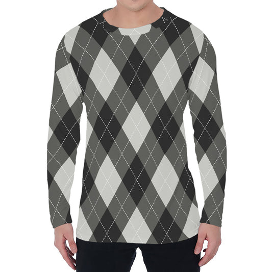 Shadow Grey Argyle Pattern Print Men's Long Sleeve T-Shirt