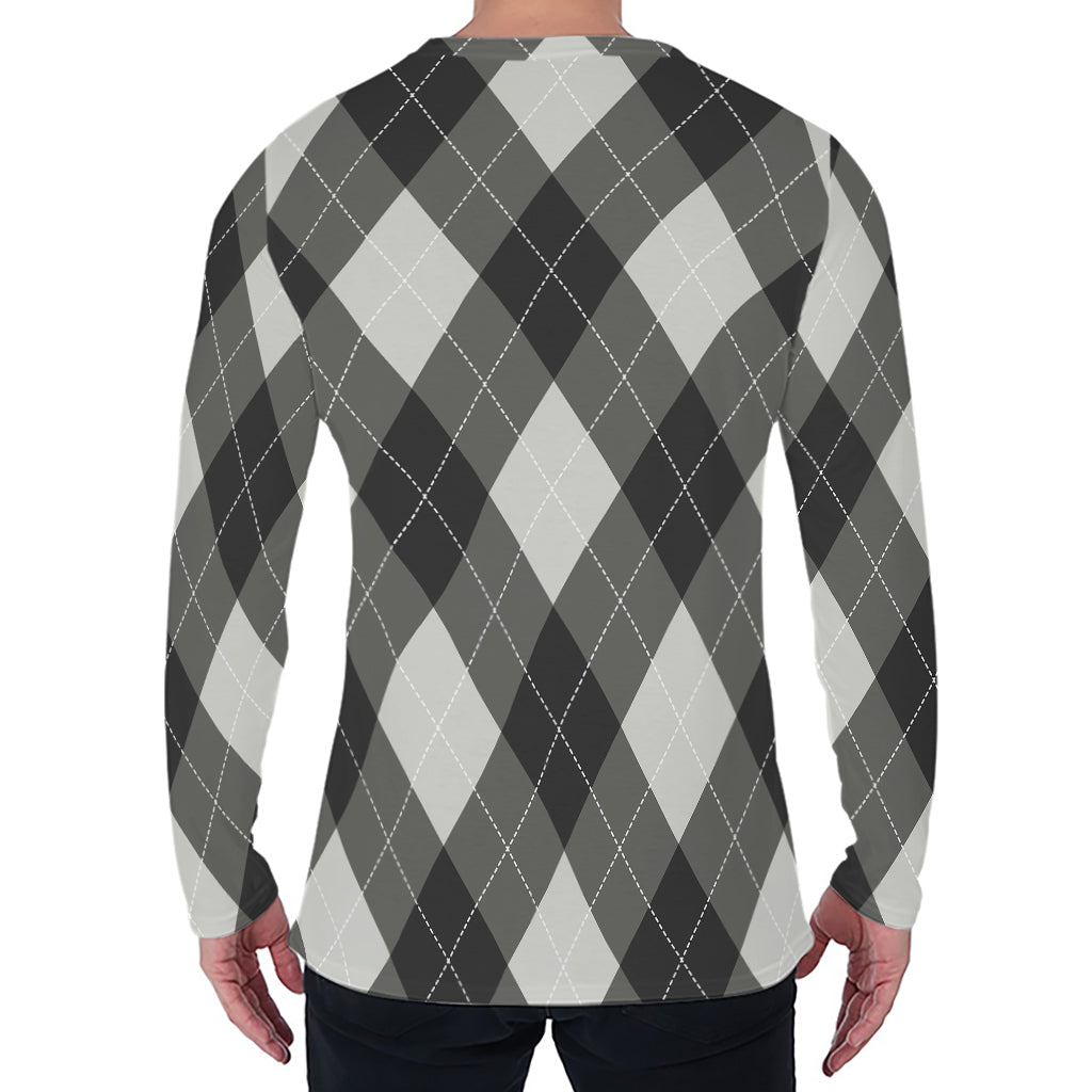 Shadow Grey Argyle Pattern Print Men's Long Sleeve T-Shirt