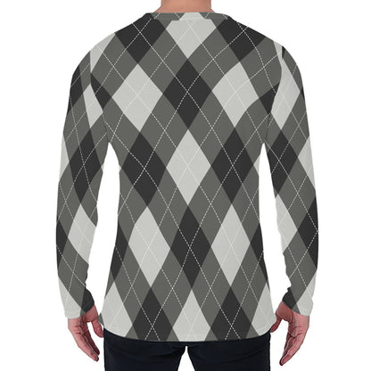Shadow Grey Argyle Pattern Print Men's Long Sleeve T-Shirt