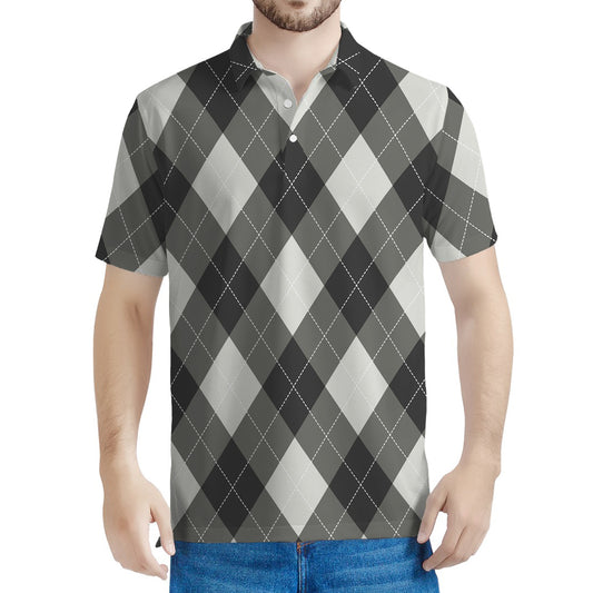 Shadow Grey Argyle Pattern Print Men's Polo Shirt