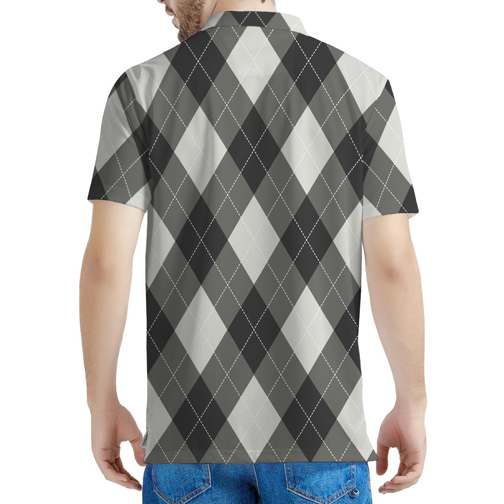 Shadow Grey Argyle Pattern Print Men's Polo Shirt