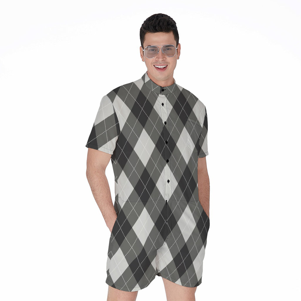 Shadow Grey Argyle Pattern Print Men's Rompers