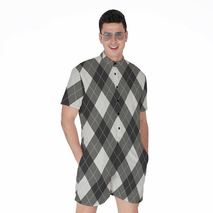 Shadow Grey Argyle Pattern Print Men's Rompers