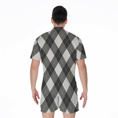 Shadow Grey Argyle Pattern Print Men's Rompers