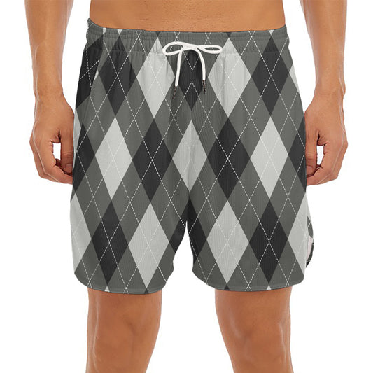Shadow Grey Argyle Pattern Print Men's Split Running Shorts