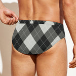 Shadow Grey Argyle Pattern Print Men's Swim Briefs